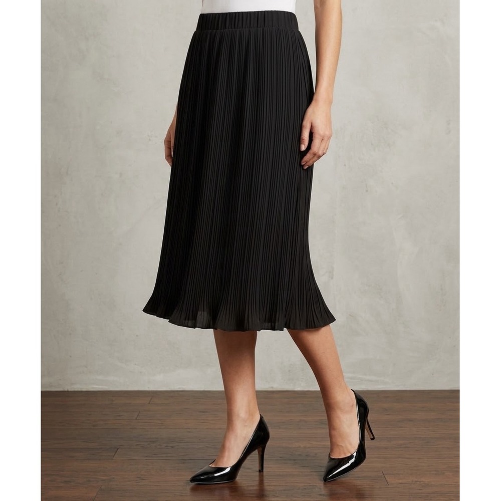 Pleione Black Pleated Midi Skirt Elastic Waist Ruffle Hem Chiffon Small CCK61972